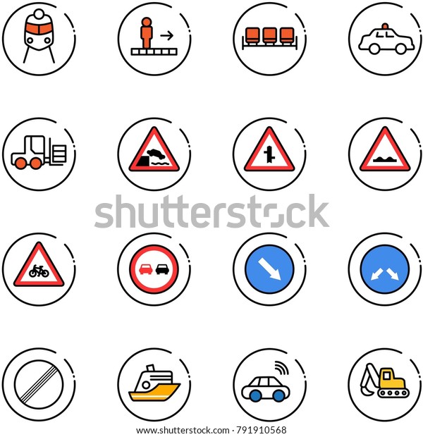 line\
vector icon set - train vector, travolator, waiting area, safety\
car, fork loader, embankment road sign, intersection, rough, for\
moto, no overtake, detour, limit, cruiser,\
wireless
