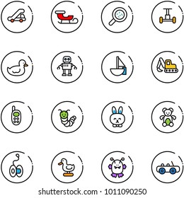 line vector icon set - trap truck vector, sleigh, bacteria, gyroscope, duck toy, robot, sailboat, excavator, phone, caterpillar, rabbit, bear, yoyo, monster, car