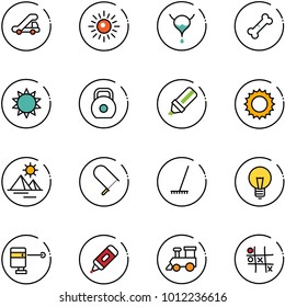 line vector icon set - trap truck vector, sun, bladder, broken bone, weight, highlight marker, pyramid, fretsaw, rake, bulb, laser lever, toy train, Tic tac toe