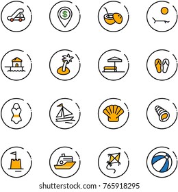 line vector icon set - trap truck vector, dollar pin, coconut cocktail, lounger, bungalow, palm, inflatable pool, flip flops, swimsuit, sail boat, shell, sand castle, cruiser, kite, beach ball