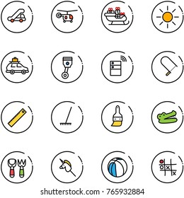 line vector icon set - trap truck vector, helicopter, santa sleigh, sun, car baggage, piston, server wireless, fretsaw, ruler, rake, brush, crocodile, shovel fork toy, unicorn stick, basketball