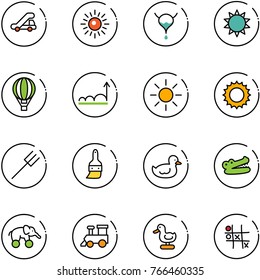 line vector icon set - trap truck vector, sun, bladder, air balloon, growth, farm fork, brush, duck toy, crocodile, elephant wheel, train, Tic tac toe