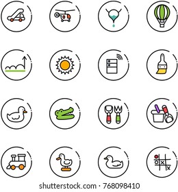 line vector icon set - trap truck vector, helicopter, bladder, air balloon, growth, sun, server wireless, brush, duck toy, crocodile, shovel fork, bucket, train, Tic tac toe