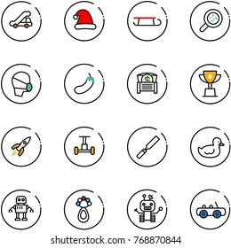 line vector icon set - trap truck vector, christmas hat, sleigh, bacteria, medical mask, eggplant, money chest, win cup, rocket, gyroscope, rasp, duck toy, robot, beanbag, car