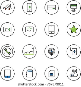 line vector icon set - trap truck vector, mobile payment, credit card, tap pay, exchange, phone, star, horn, growth, antenna, power bank, micro flash, sim, wi fi router