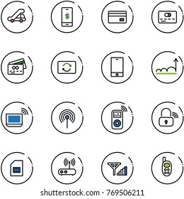line vector icon set - trap truck vector, mobile payment, credit card, exchange, phone, growth, notebook wi fi, antenna, music player, wireless lock, sim, router, fine signal, toy