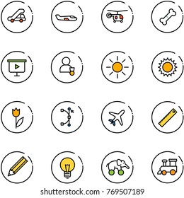 line vector icon set - trap truck vector, small plane, helicopter, broken bone, presentation board, winner, sun, tulip, bezier, ruler, pencil, bulb, elephant wheel, toy train