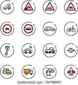 line vector icon set - trap truck vector, embankment road sign, car crash, for moto, no, bus, limousine, bike, piston, wireless, moon rover, jack, excavator toy, helicopter, plane