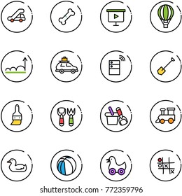 line vector icon set - trap truck vector, broken bone, presentation board, air balloon, growth, car baggage, server wireless, shovel, brush, fork toy, bucket, train, duck, basketball, Tic tac toe