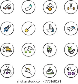 line vector icon set - trap truck vector, eggplant, dolphin, gyroscope, rocket, shovel, sailboat toy, plane, excavator, elephant wheel, phone, caterpillar, baby carousel, unicorn stick, boat, duck