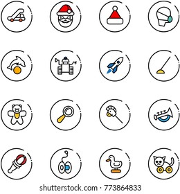 line vector icon set - trap truck vector, santa claus, christmas hat, medical mask, dolphin, robot, rocket, hoe, bear toy, beanbag, horse stick, horn, yoyo, duck, cat