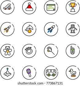 line vector icon set - trap truck vector, christmas hat, schedule, win cup, rocket, dolphin, robot, bear toy, beanbag, horse stick, phone, wirligig, bus, duck