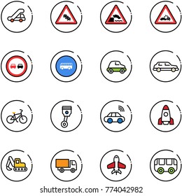line vector icon set - trap truck vector, multi lane traffic road sign, embankment, car crash, no overtake, bus, limousine, bike, piston, wireless, rocket, excavator toy, plane