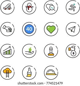 line vector icon set - trap truck vector, snowman, heart diagnosis, run, card pay, minimal speed limit road sign, paper fly, growth, hand sproute, pawn, rich, cloud ladder, brush