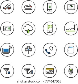 line vector icon set - trap truck vector, snowmobile, mobile payment, credit card, tap pay, upload cloud, growth, notebook wi fi, antenna, phone, micro flash, no signal, fine, generator, toy