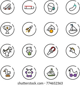 line vector icon set - trap truck vector, sleigh, medical mask, eggplant, gold cup, rocket, dolphin, sailboat toy, dinosaur, bear, beanbag, unicorn stick, duck, monster, boat