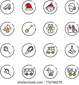 line vector icon set - trap truck vector, christmas hat, elf, medical mask, dolphin, shovel, bear toy, bucket, horse stick, beanbag, train, wirligig, unicorn, bus, duck, cat