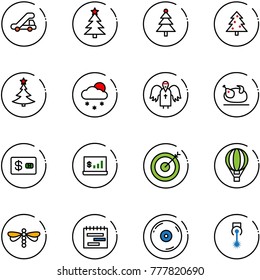 line vector icon set - trap truck vector, christmas tree, snowfall, angel, turkey, credit card, account statistics, target, air balloon, dragonfly, terms plan, cd, laser