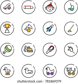 line vector icon set - trap truck vector, sleigh, christmas elf, stomach, win cup, dolphin, rocket, hoe, beanbag, excavator toy, unicorn stick, duck, cat