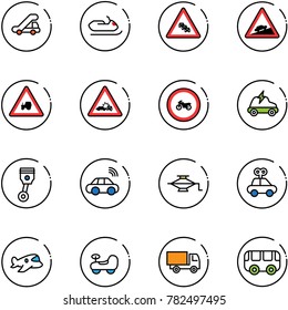 line vector icon set - trap truck vector, snowmobile, multi lane traffic road sign, climb, tractor way, car crash, no moto, electric, piston, wireless, jack, toy, plane, baby, bus