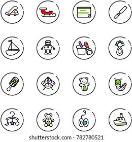 line vector icon set - trap truck vector, sleigh, schedule, rasp, sailboat toy, robot, shovel bucket, beanbag, ufo, bear, caterpillar, baby carousel, yoyo, boat
