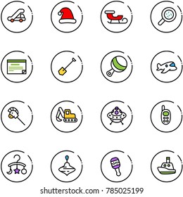 line vector icon set - trap truck vector, christmas hat, sleigh, bacteria, schedule, shovel, beanbag, plane toy, horse stick, excavator, ufo, phone, baby carousel, wirligig, boat