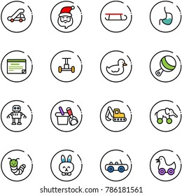 line vector icon set - trap truck vector, santa claus, sleigh, stomach, schedule, gyroscope, duck toy, beanbag, robot, shovel bucket, excavator, elephant wheel, caterpillar, rabbit, car