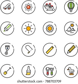 line vector icon set - trap truck vector, sun, santa sleigh, air balloon, highlight marker, pyramid, piston, fretsaw, ruler, pencil, shovel, brush, fork toy, duck
