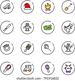line vector icon set - trap truck vector, christmas hat, fire, shovel, rasp, robot, crocodile, dinosaur toy, beanbag, horse stick, train, monster
