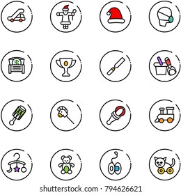 line vector icon set - trap truck vector, santa claus, christmas hat, medical mask, money chest, gold cup, rasp, shovel bucket, beanbag, horse stick toy, train, baby carousel, bear, yoyo, cat