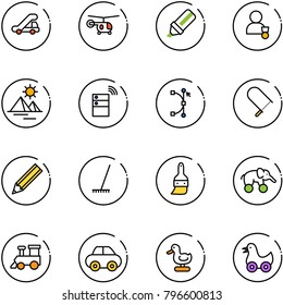 line vector icon set - trap truck vector, helicopter, highlight marker, winner, pyramid, server wireless, bezier, fretsaw, pencil, rake, brush, elephant wheel, toy train, car, duck