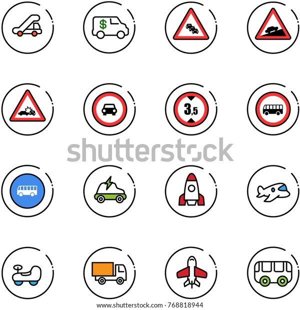 line vector icon set - trap truck\
vector, encashment car, multi lane traffic road sign, climb, crash,\
no, limited height, bus, electric, rocket, plane toy,\
baby