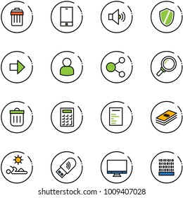 line vector icon set - trash bin vector, phone, volume medium, shield, right arrow, user, share, magnifier, calculator, document, dollar, reading, usb wi fi, monitor, binary code