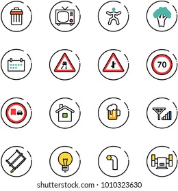 line vector icon set - trash bin vector, tv, gymnastics, broccoli, schedule, slippery road sign, intersection, speed limit 70, no truck overtake, home, beer, fine signal, bucksaw, bulb, allen key