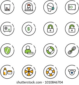 line vector icon set - trash vector, officer window, medical mask, safe, locked, unlocked, shield, user password, lifebuoy, link, uv cream, parasol, surveillance camera