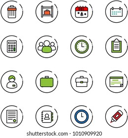 line vector icon set - trash bin vector, baggage room, christmas calendar, schedule, calculator, group, time, clipboard, manager, case, portfolio, agreement, contact book, clock, marker