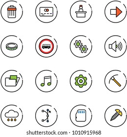line vector icon set - trash bin vector, credit card, recieptionist, right arrow, coin, no bus road sign, gear, volume max, folder, music, rock axe, rain cloud, bezier, micro flash, screw