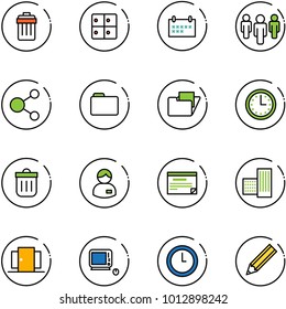 line vector icon set - trash bin vector, baggage room, schedule, group, share, folder, time, manager, building, doors, monoblock pc, clock, pencil