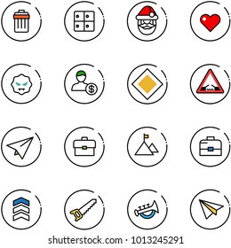 line vector icon set - trash bin vector, baggage room, santa claus, heart, virus, account, main road sign, drawbridge, paper plane, portfolio, mountain, case, chevron, saw, horn toy