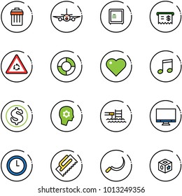 line vector icon set - trash bin vector, plane, safe, receipt, round motion road sign, lifebuoy, heart, music, dollar, brain work, pool, monitor, clock, trowel, sickle, cube toy