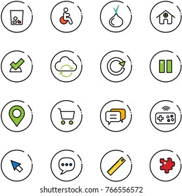 line vector icon set - trash vector, disabled, onion, home, check, refresh cloud, reload, pause, map pin, cart, dialog, joystick wireless, cursor, chat, ruler, puzzle