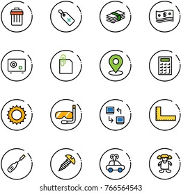 line vector icon set - trash bin vector, medical label, dollar, cash, safe, attachment, map pin, calculator, sun, diving, data exchange, corner ruler, chisel, screw, car toy, doll