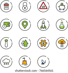 line vector icon set - trash bin vector, lock, children road sign, piggy bank, wallet time, map pin, rocket, round flask, tie, arrow up, money managemet, cloud ladder, rain, sand castle