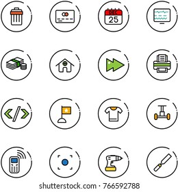 line vector icon set - trash bin vector, credit card, 25 dec calendar, diagnostic monitor, cash, home, fast forward, printer, tag code, flag, t shirt, gyroscope, mobile phone, record button, drill