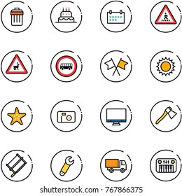 line vector icon set - trash bin vector, cake, schedule, pedestrian road sign, wild animals, no bus, flags cross, sun, starfish, photo, monitor, axe, bucksaw, wrench, truck toy, piano
