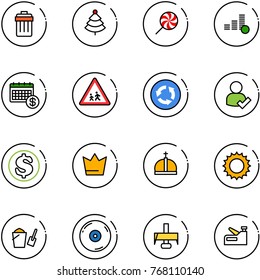 line vector icon set - trash bin vector, christmas tree, lollipop, coin, calendar, children road sign, circle, user check, dollar, crown, sun, bucket scoop, cd, milling cutter, stapler