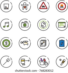 line vector icon set - trash vector, baby, road for moto sign, no dangerous cargo, music, camera, dollar, schedule, helicopter, photo, battery, farm fork, laser lever, shovel bucket, baseball bat