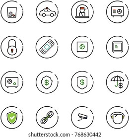 line vector icon set - trash vector, safety car, officer window, safe, lock, medical patch, insurance, shield check, link, surveillance camera, protect glass