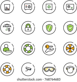 line vector icon set - trash vector, safe, insurance, locked, shield, check, user password, lifebuoy, key hand, parasol, surveillance camera, protective glasses, protect glass