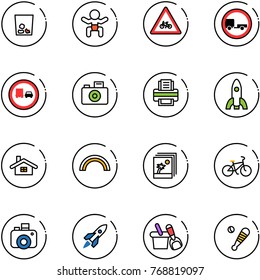 line vector icon set - trash vector, baby, road for moto sign, no trailer, truck overtake, camera, printer, rocket, home, rainbow, photo, bike, shovel bucket, baseball bat